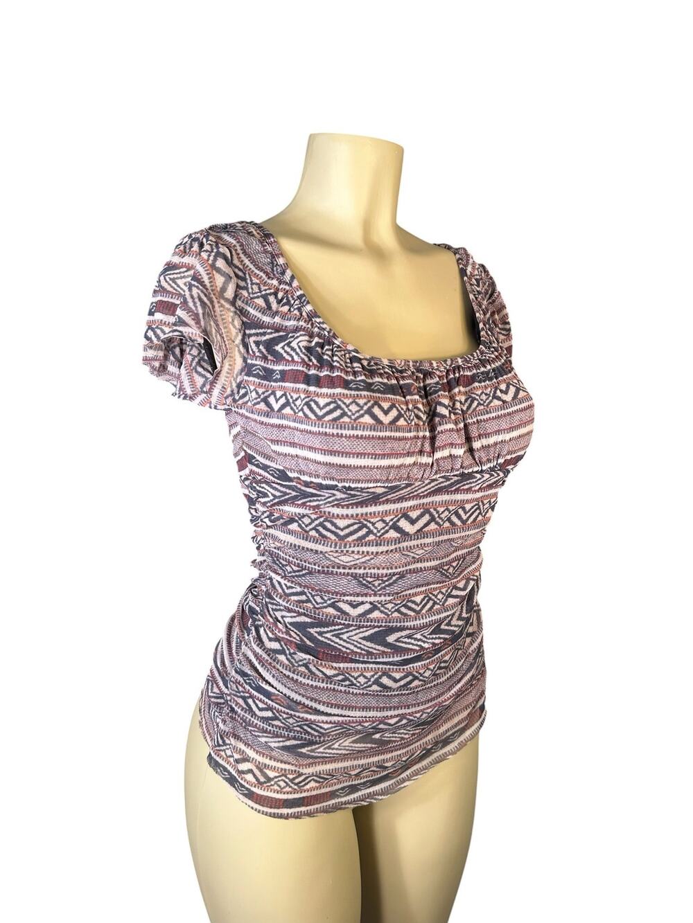 Women S Anthropologie Weston Wear Brown Printed Mesh Blouse Shirt Top Ruched